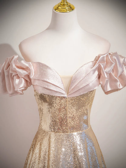 Off The Shoulder Gold Sequin Prom Dress A Line Sparkle Evening Dress  P1234
