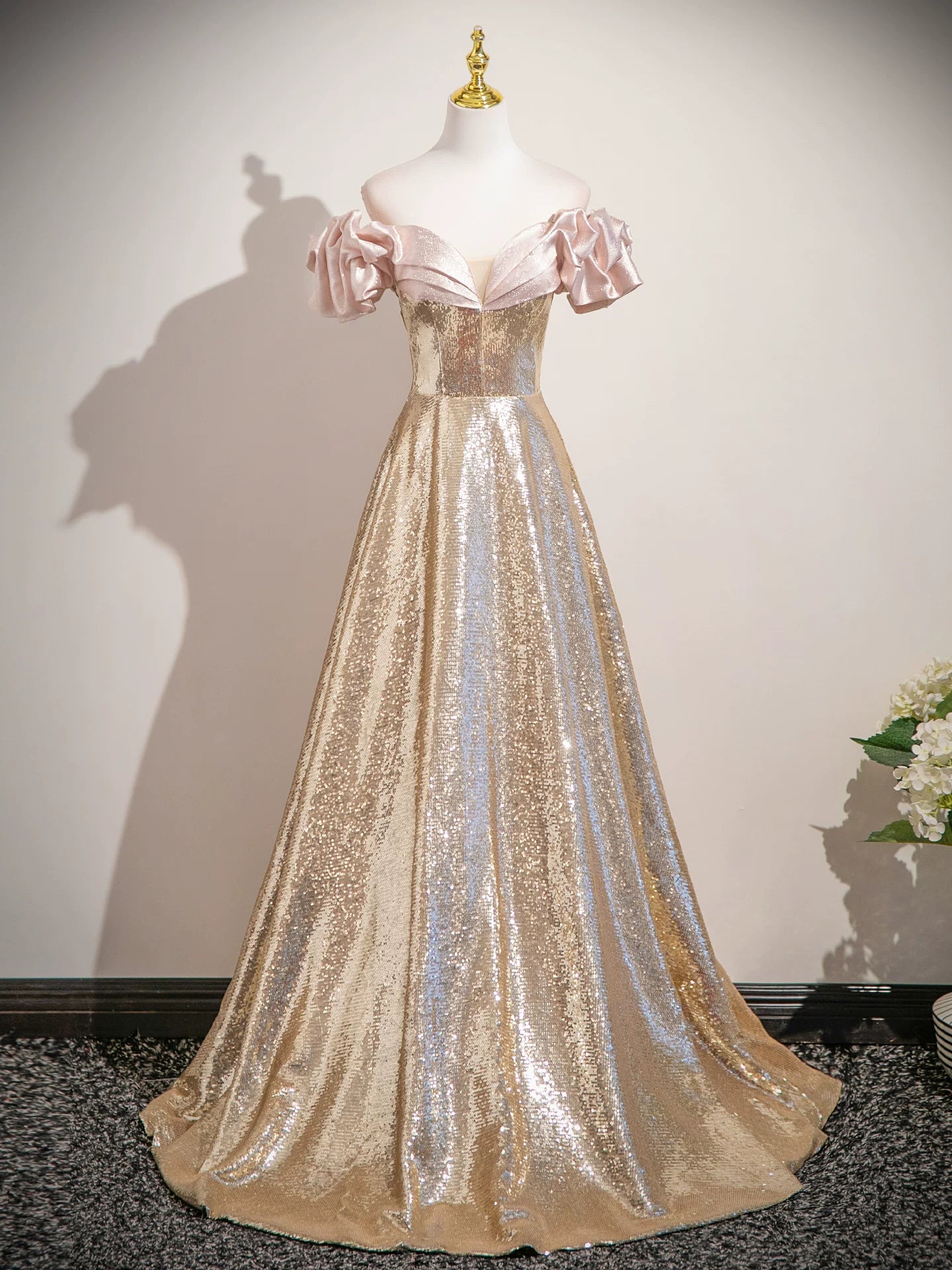 Off The Shoulder Gold Sequin Prom Dress A Line Sparkle Evening Dress  P1234