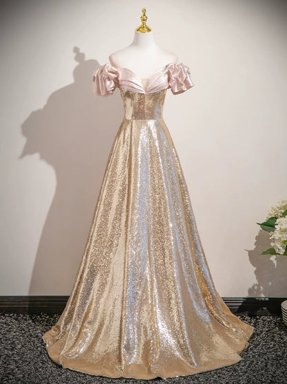 Off The Shoulder Gold Sequin Prom Dress A Line Sparkle Evening Dress  P1234