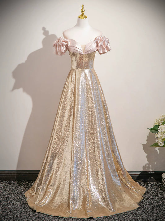 Off The Shoulder Gold Sequin Prom Dress A Line Sparkle Evening Dress  P1234
