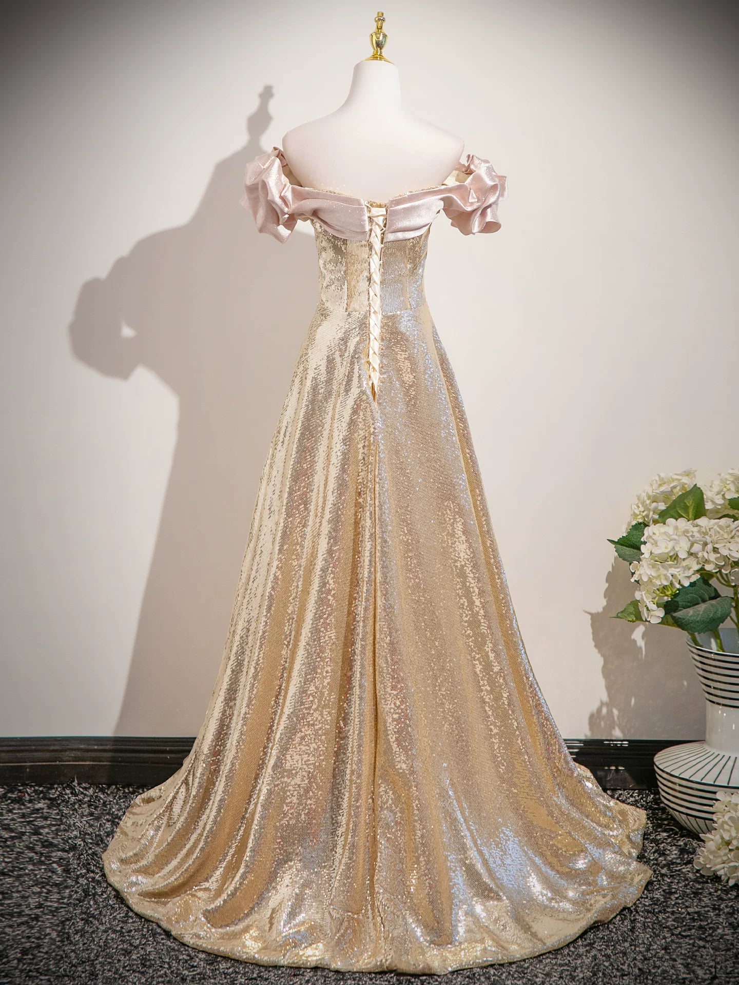 Off The Shoulder Gold Sequin Prom Dress A Line Sparkle Evening Dress  P1234