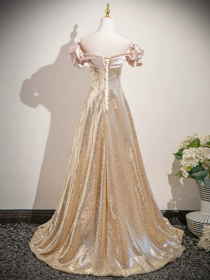 Off The Shoulder Gold Sequin Prom Dress A Line Sparkle Evening Dress  P1234