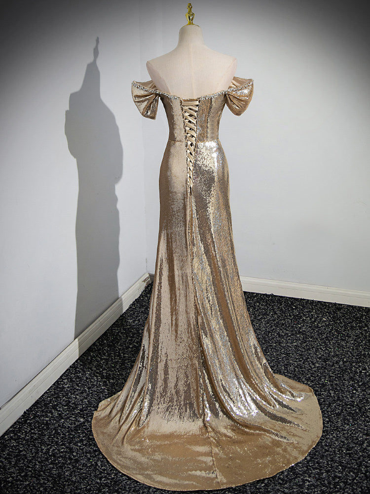 Off The Shoulder Gold Sequin Prom Dress Mermaid Formal Evening Gown  P1236