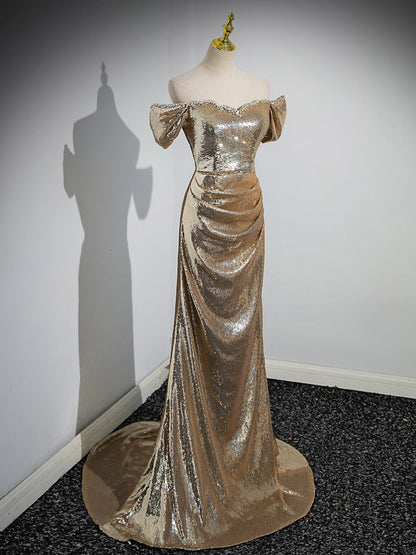 Off The Shoulder Gold Sequin Prom Dress Mermaid Formal Evening Gown  P1236