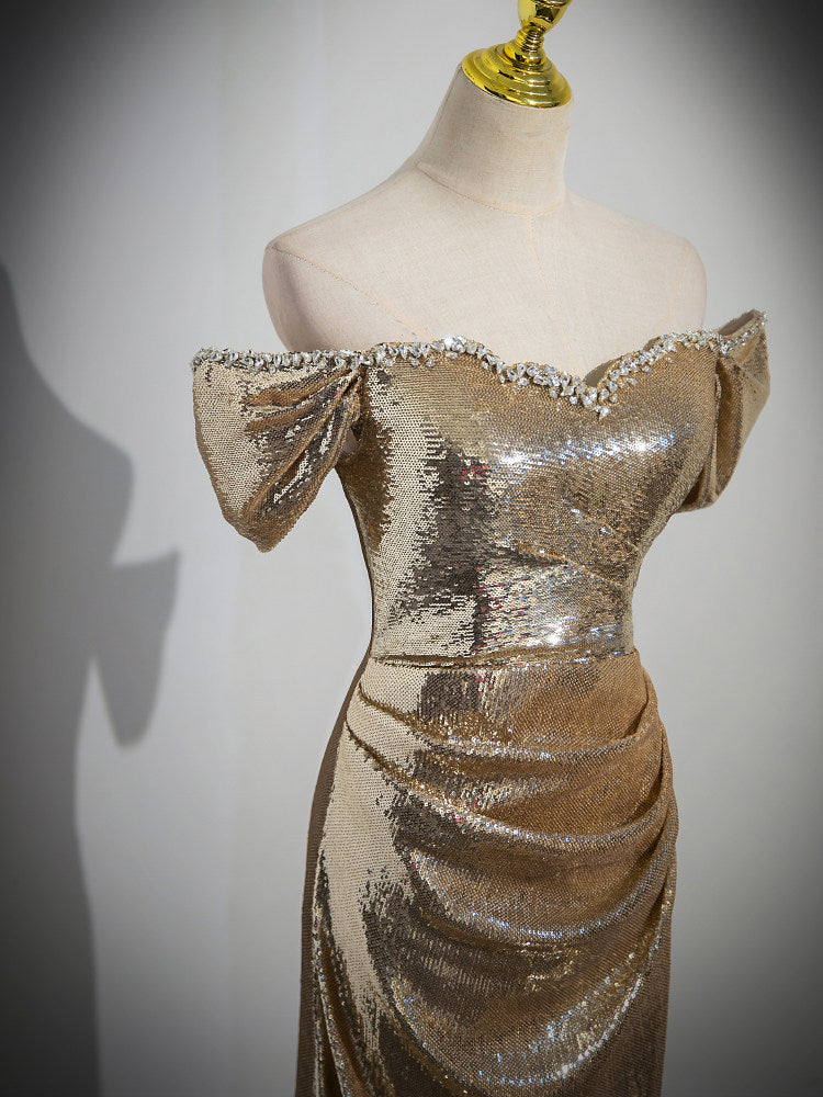 Off The Shoulder Gold Sequin Prom Dress Mermaid Formal Evening Gown  P1236