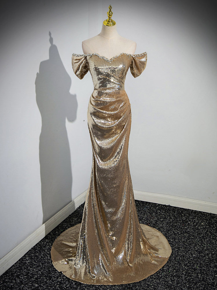 Off The Shoulder Gold Sequin Prom Dress Mermaid Formal Evening Gown  P1236