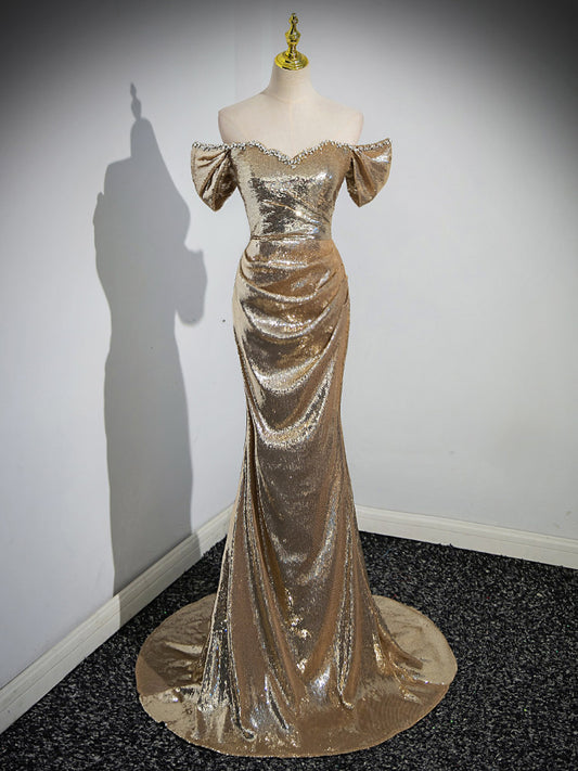 Off The Shoulder Gold Sequin Prom Dress Mermaid Formal Evening Gown  P1236