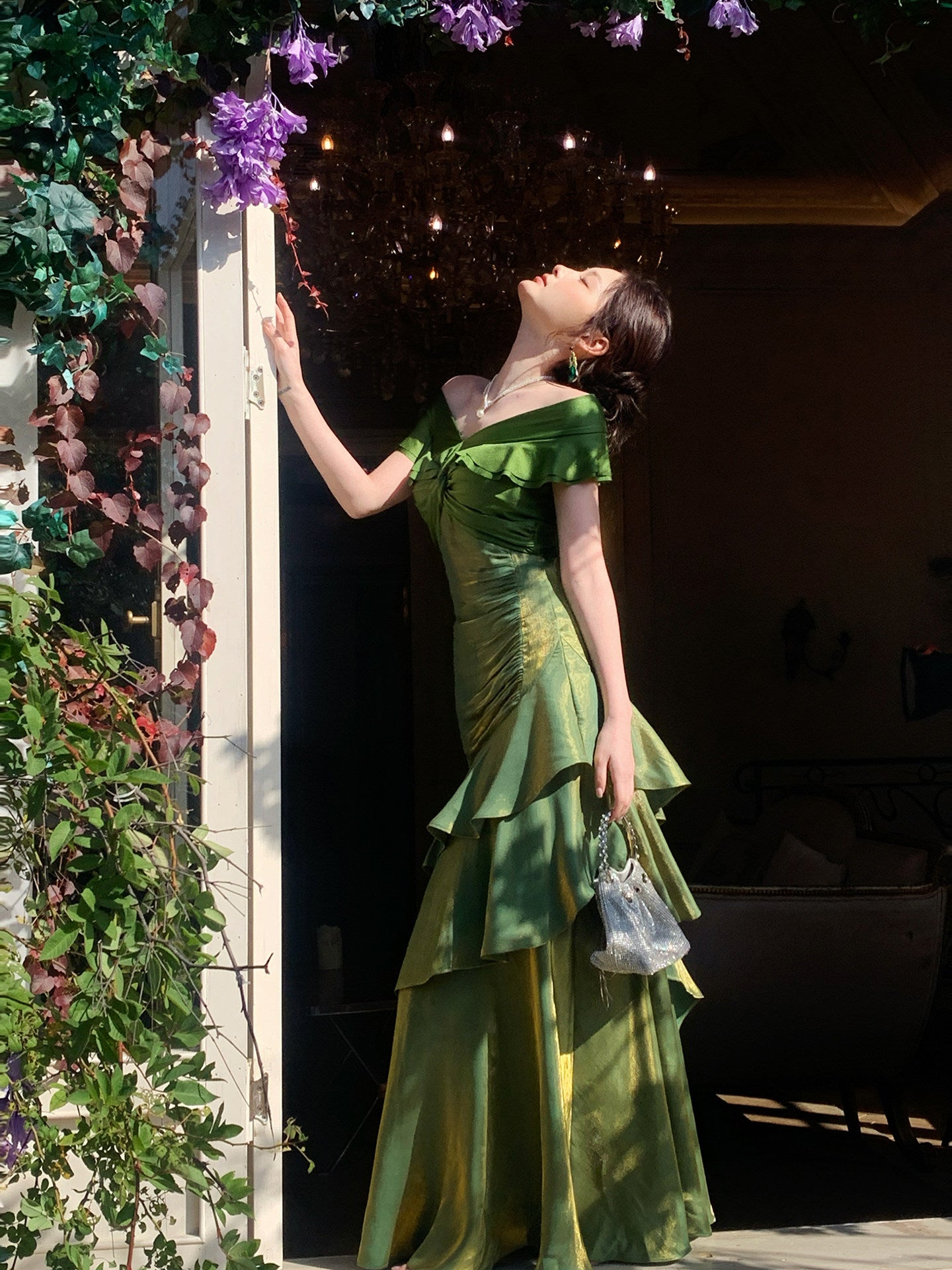 Off The Shoulder Green Prom Dress Ruffled Layers Formal Dress  P637