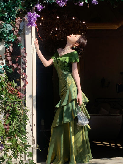 Off The Shoulder Green Prom Dress Ruffled Layers Formal Dress  P637