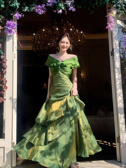 Off The Shoulder Green Prom Dress Ruffled Layers Formal Dress  P637