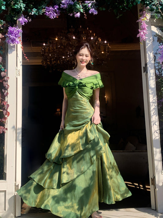 Off The Shoulder Green Prom Dress Ruffled Layers Formal Dress  P637