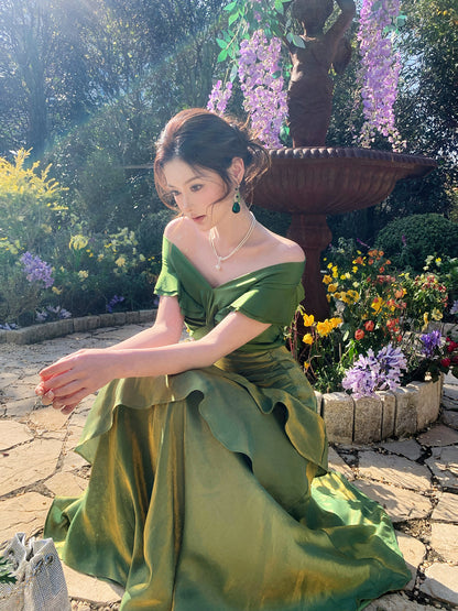 Off The Shoulder Green Prom Dress Ruffled Layers Formal Dress  P637