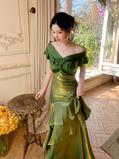 Off The Shoulder Green Prom Dress Ruffled Layers Formal Dress  P637