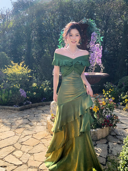 Off The Shoulder Green Prom Dress Ruffled Layers Formal Dress  P637