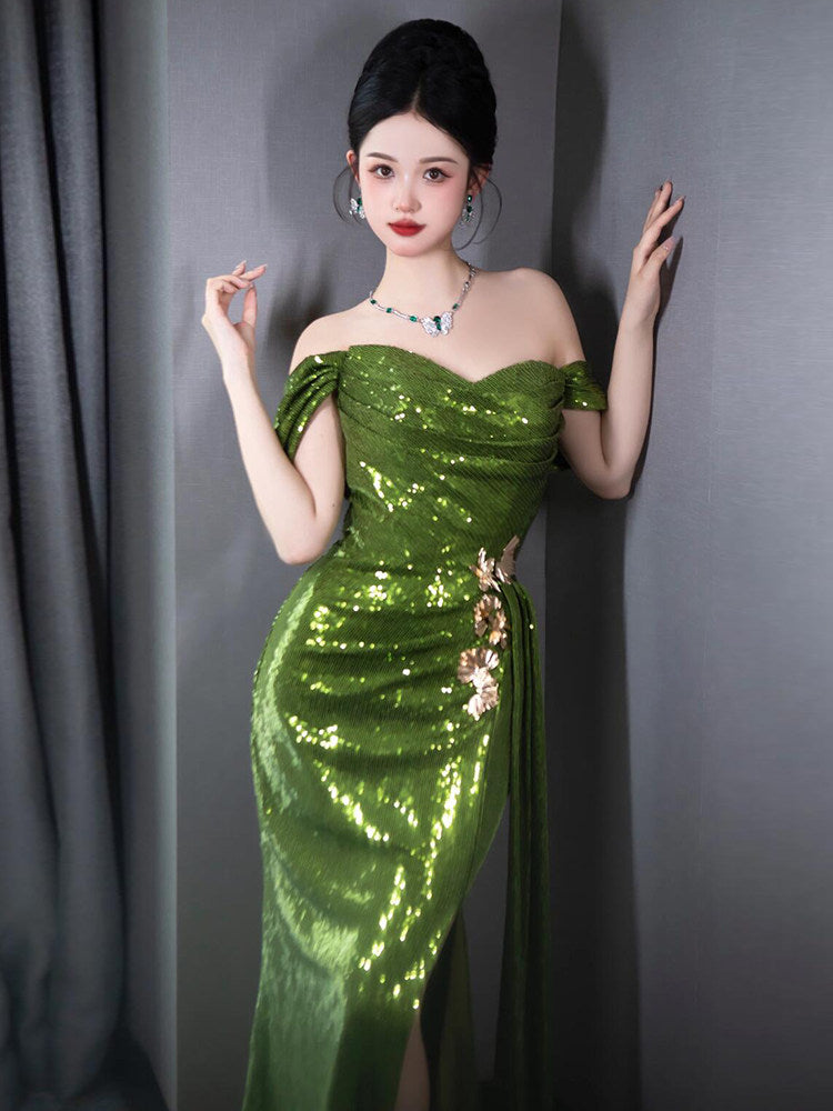 Off The Shoulder Green Sequins Prom Dress Formal Evening Gown  P793