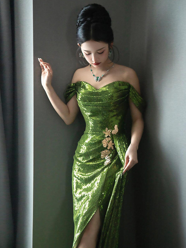 Off The Shoulder Green Sequins Prom Dress Formal Evening Gown  P793