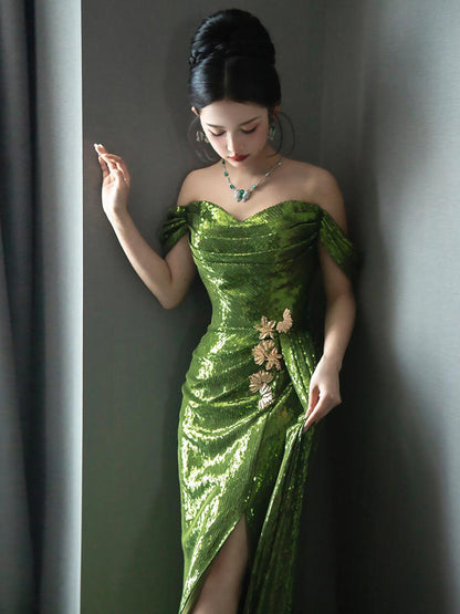Off The Shoulder Green Sequins Prom Dress Formal Evening Gown  P793