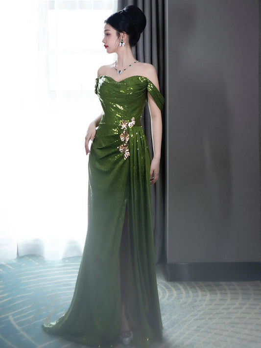Off The Shoulder Green Sequins Prom Dress Formal Evening Gown  P793