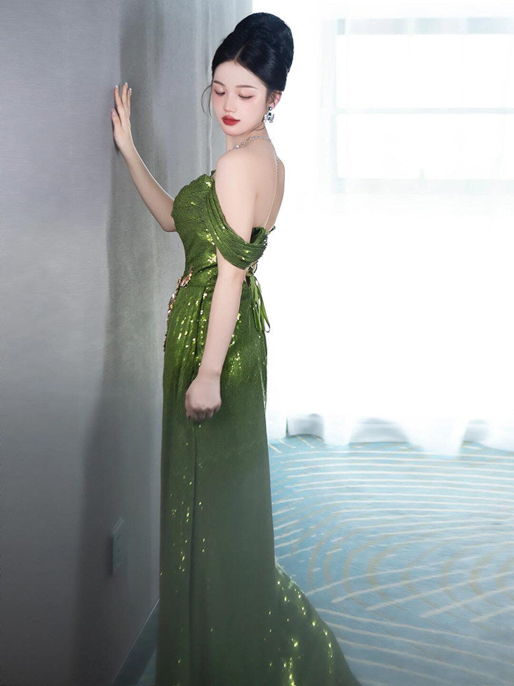 Off The Shoulder Green Sequins Prom Dress Formal Evening Gown  P793