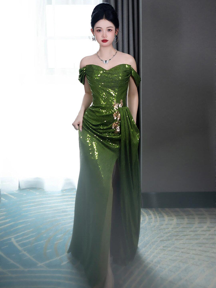 Off The Shoulder Green Sequins Prom Dress Formal Evening Gown  P793