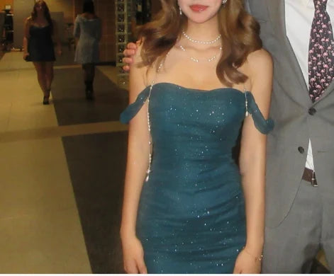 Off The Shoulder Green Sparkling Mini Homecoming Dress   P2161