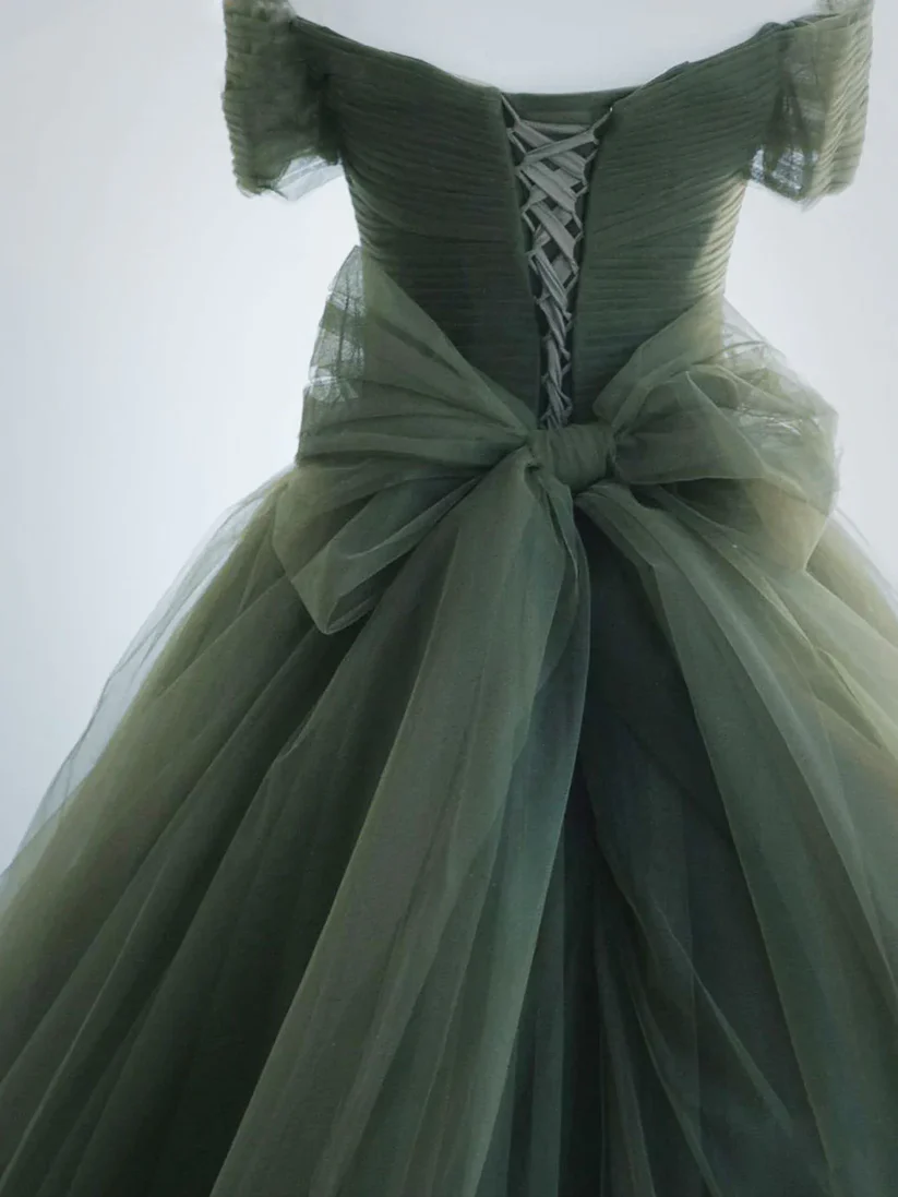 Off The Shoulder Green Tulle Ball Gown A-Line Prom Dress  P618