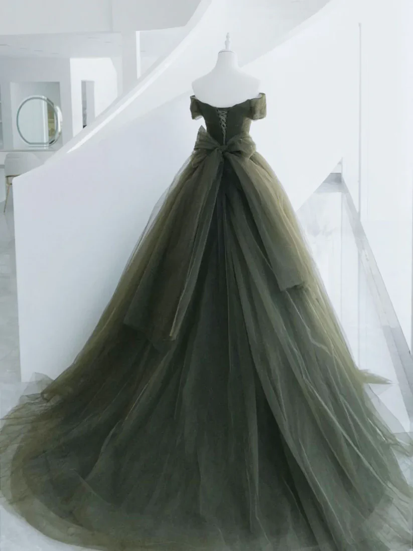 Off The Shoulder Green Tulle Ball Gown A-Line Prom Dress  P618