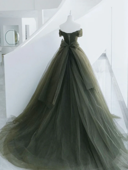 Off The Shoulder Green Tulle Ball Gown A-Line Prom Dress  P618