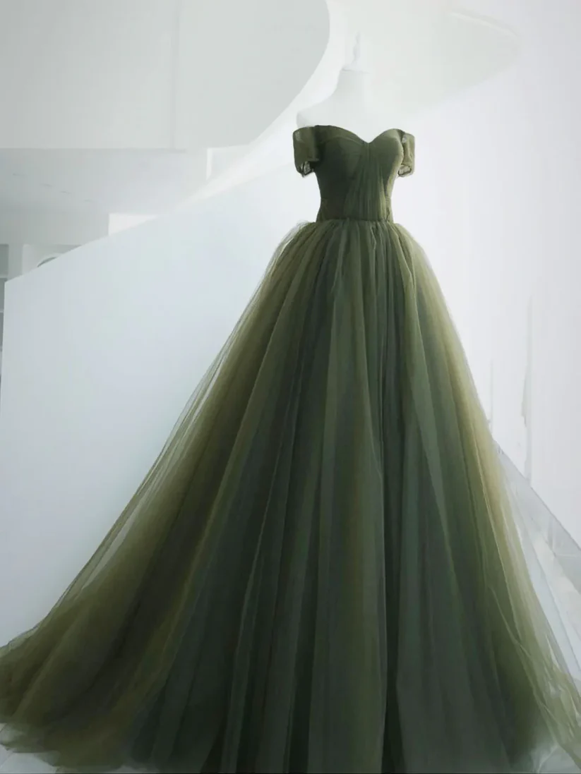 Off The Shoulder Green Tulle Ball Gown A-Line Prom Dress  P618