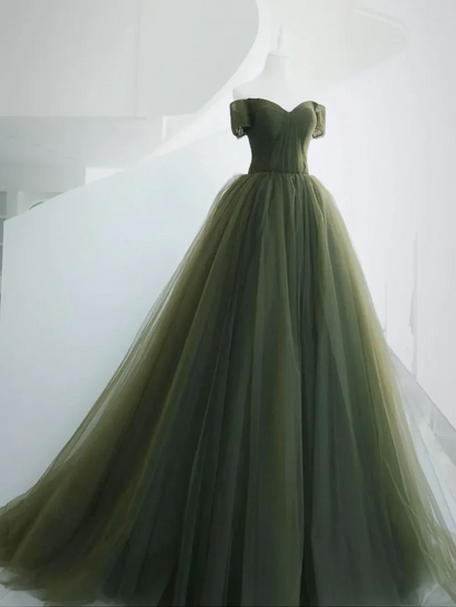 Off The Shoulder Green Tulle Ball Gown A-Line Prom Dress  P618