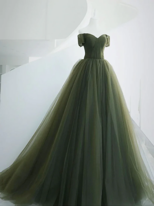 Off The Shoulder Green Tulle Ball Gown A-Line Prom Dress  P618