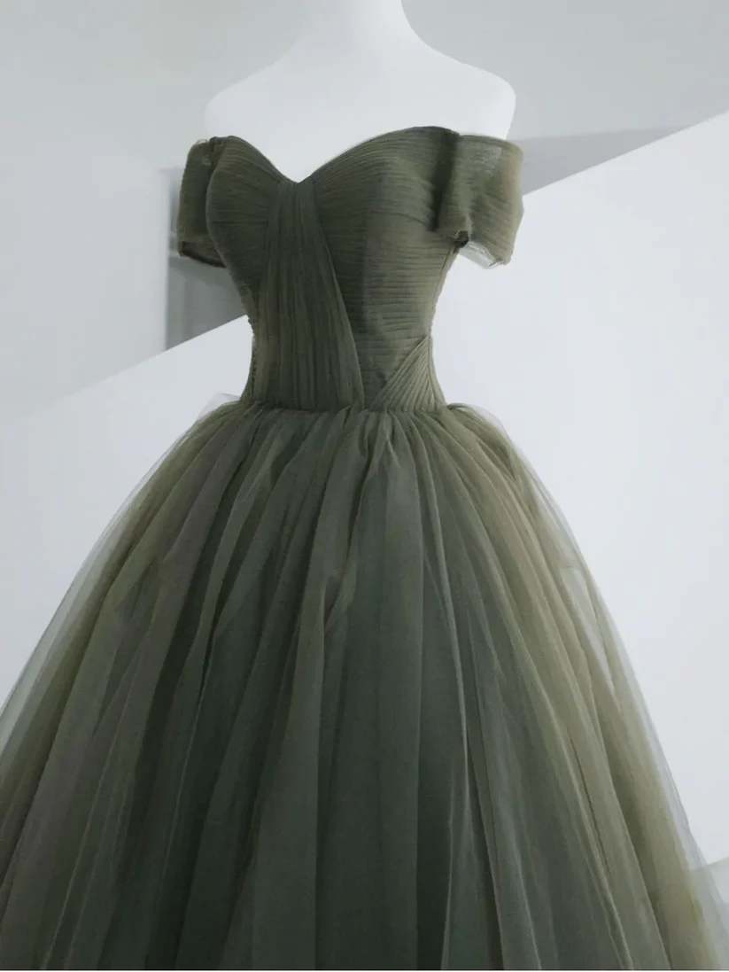 Off The Shoulder Green Tulle Ball Gown A-Line Prom Dress  P618