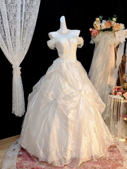 Off The Shoulder Ivory Birthday Dress Organza Wedding Dress P1851