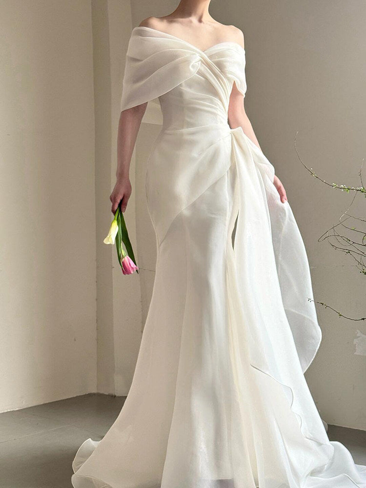 Off The Shoulder Ivory Chiffon Wedding Dress Formal Evening Dress  P1105