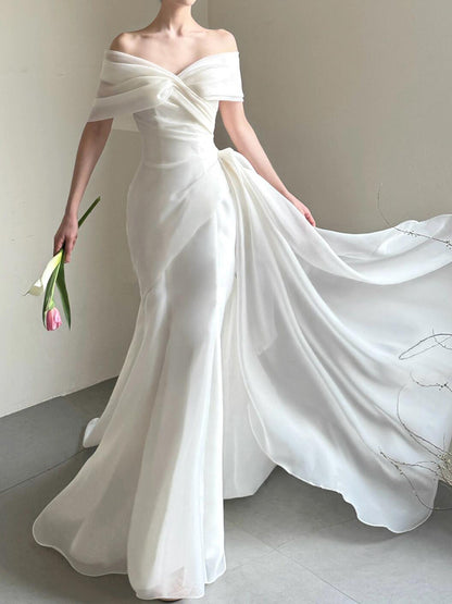 Off The Shoulder Ivory Chiffon Wedding Dress Formal Evening Dress  P1105