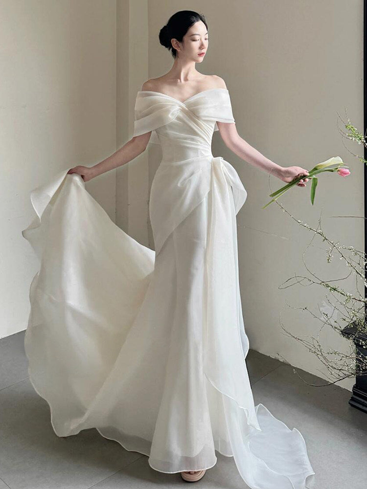 Off The Shoulder Ivory Chiffon Wedding Dress Formal Evening Dress  P1105