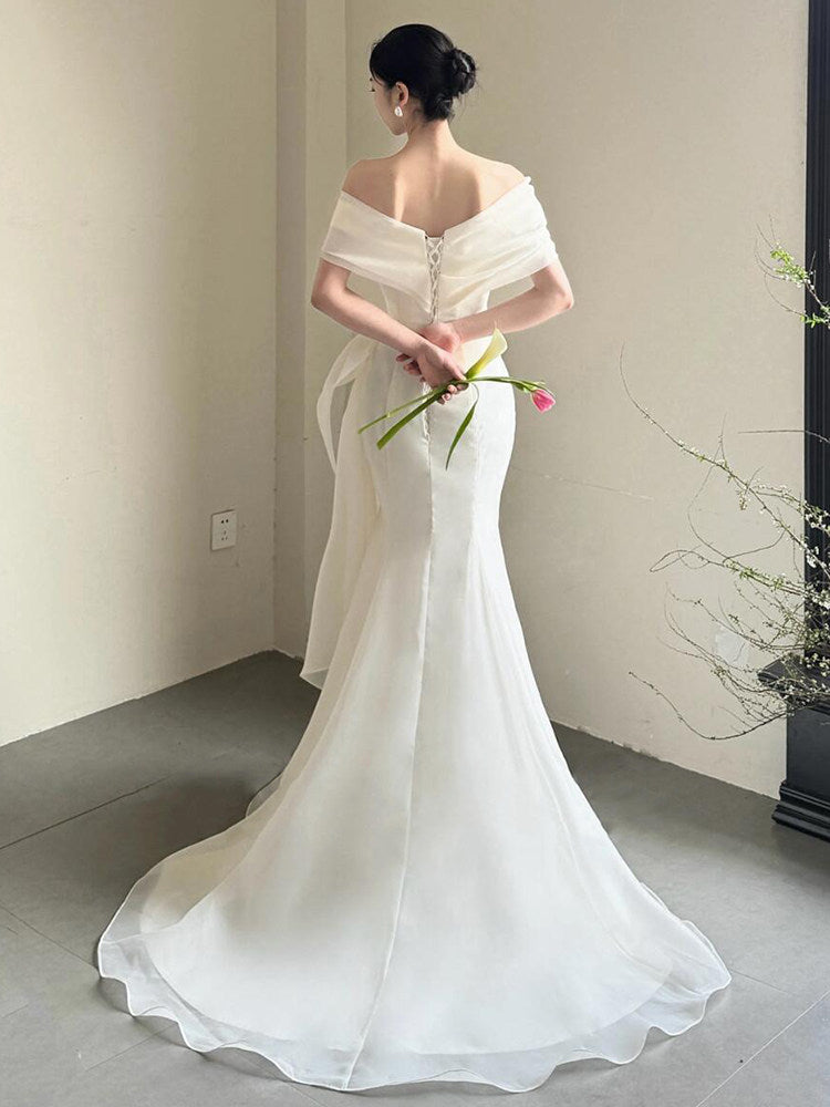 Off The Shoulder Ivory Chiffon Wedding Dress Formal Evening Dress  P1105