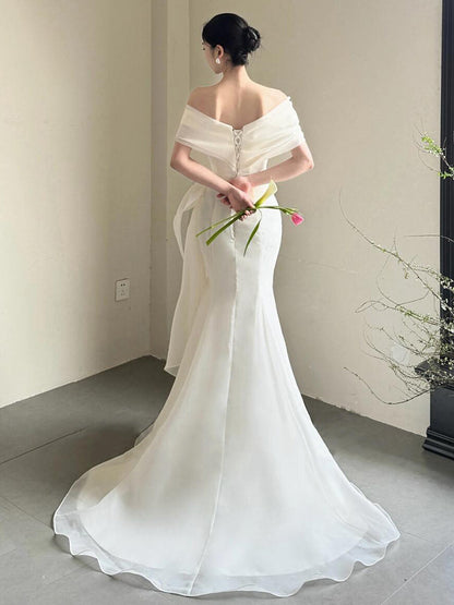 Off The Shoulder Ivory Chiffon Wedding Dress Formal Evening Dress  P1105