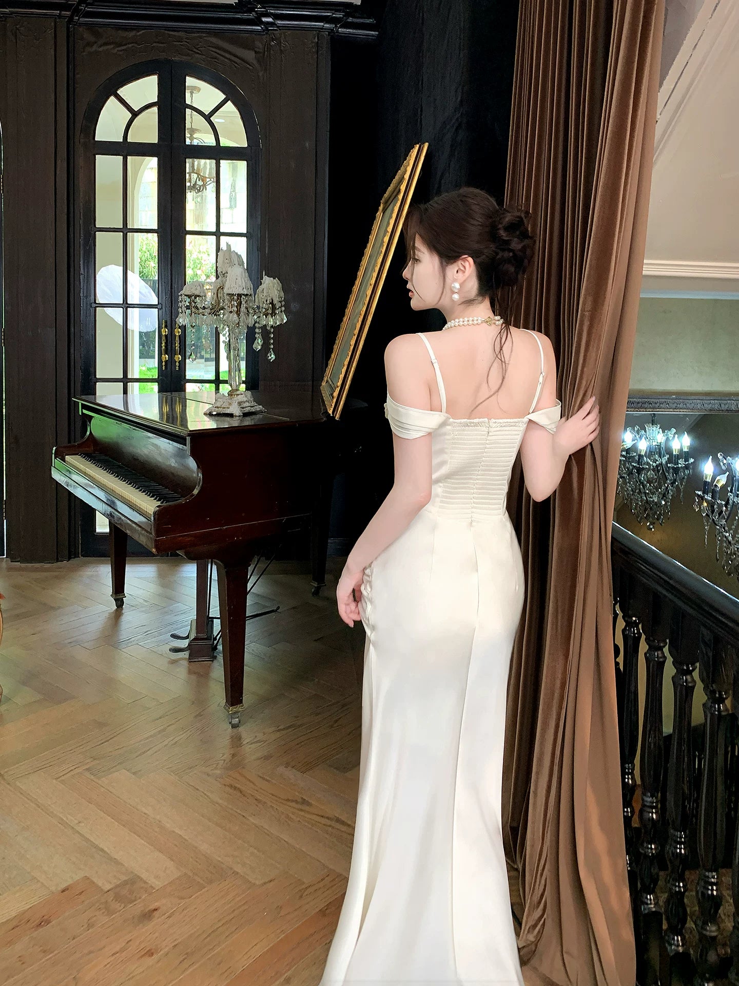 Off The Shoulder Ivory Satin Evening Dress with Slit  P1642