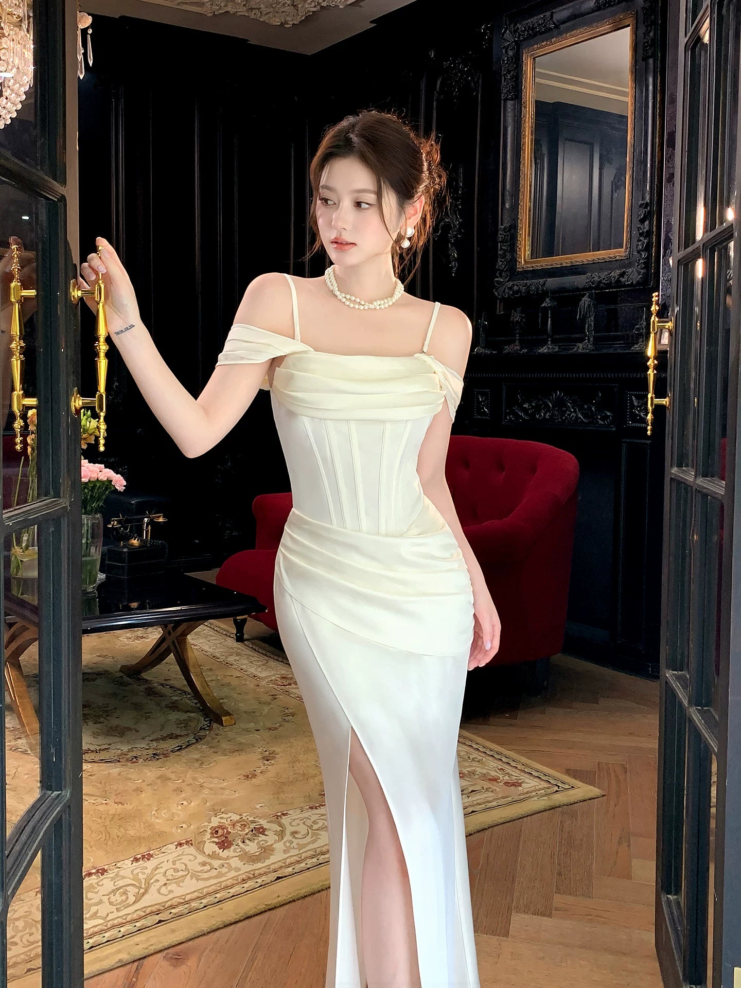 Off The Shoulder Ivory Satin Evening Dress with Slit  P1642