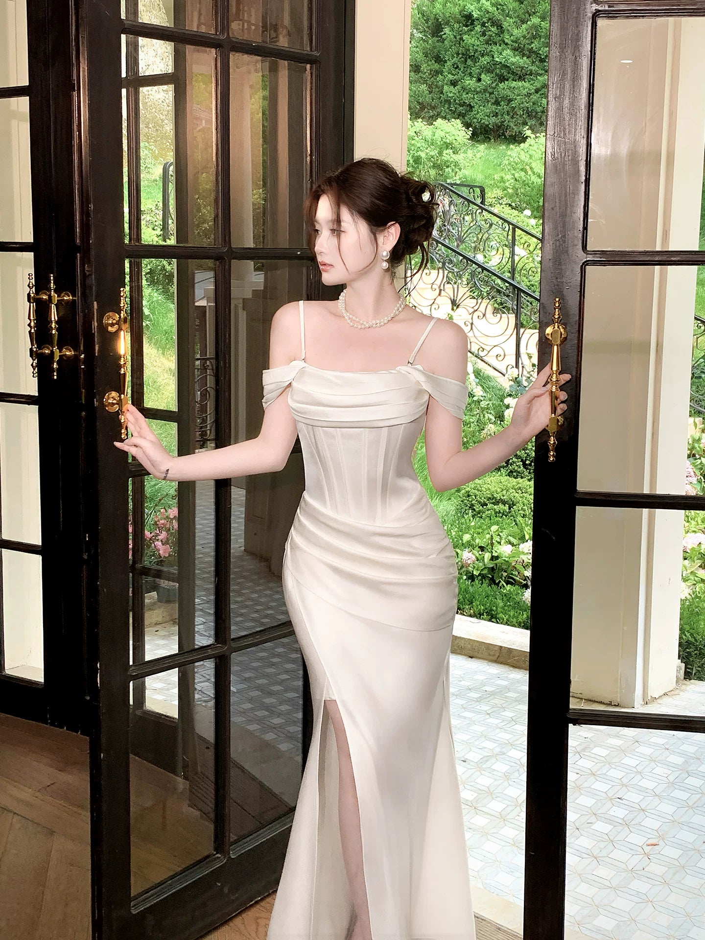 Off The Shoulder Ivory Satin Evening Dress with Slit  P1642