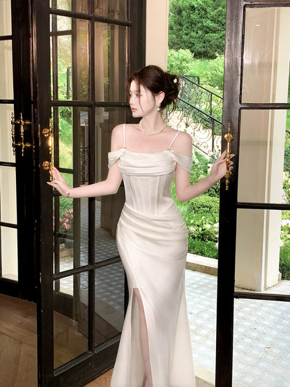Off The Shoulder Ivory Satin Evening Dress with Slit  P1642