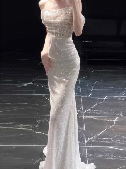 Off The Shoulder Ivory Sequins Wedding Dress Formal Evening Dress  P1108