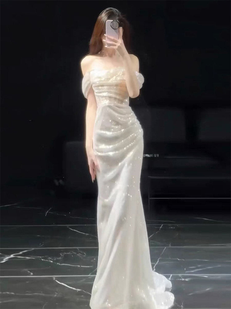 Off The Shoulder Ivory Sequins Wedding Dress Formal Evening Dress  P1108
