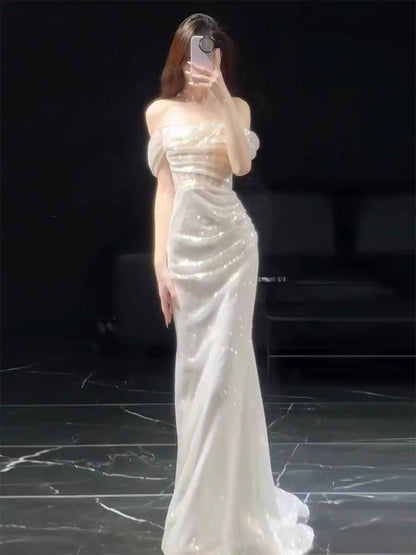 Off The Shoulder Ivory Sequins Wedding Dress Formal Evening Dress  P1108