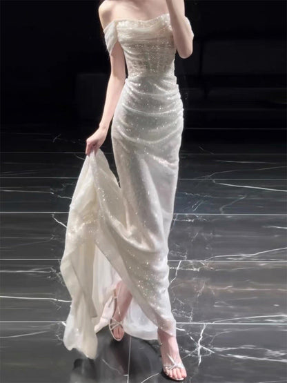 Off The Shoulder Ivory Sequins Wedding Dress Formal Evening Dress  P1108