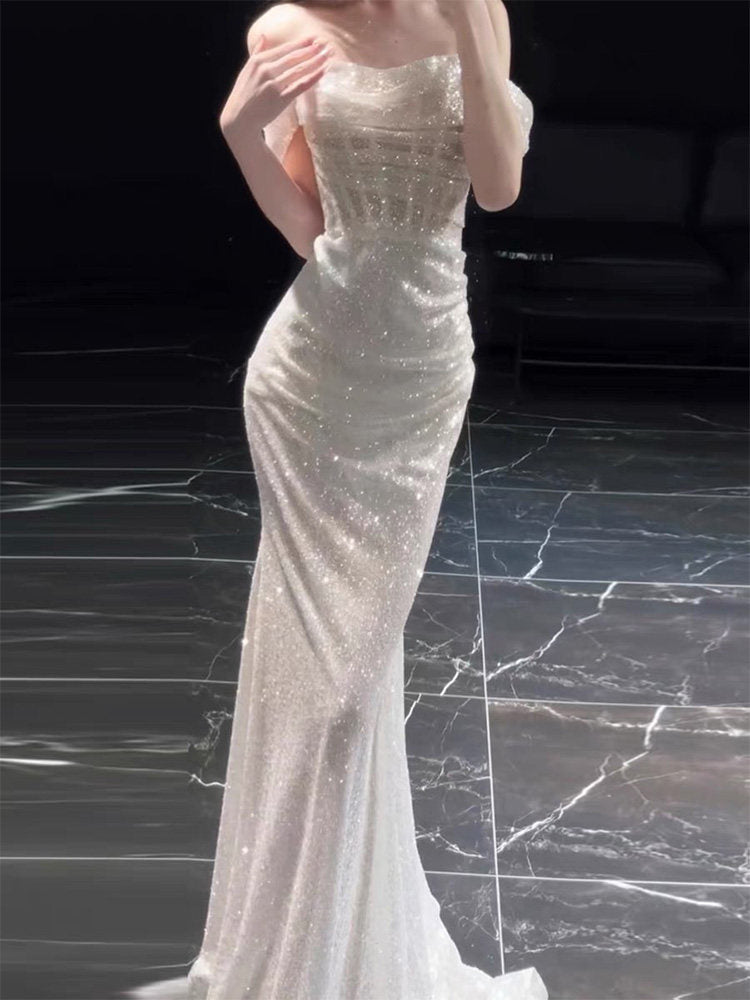 Off The Shoulder Ivory Sequins Wedding Dress Formal Evening Dress  P1108