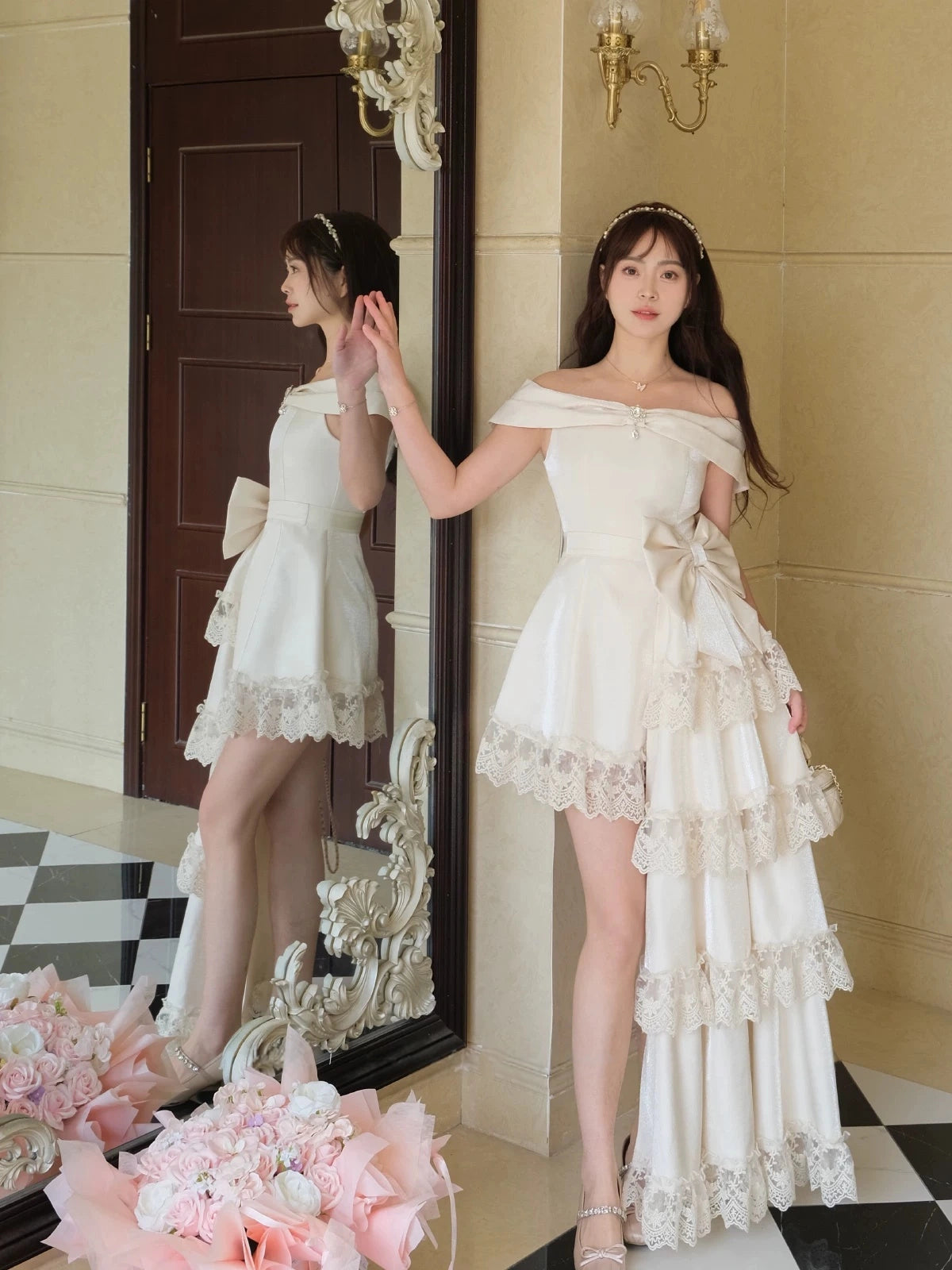 Off The Shoulder Layered Birthday Dress with Train  L159