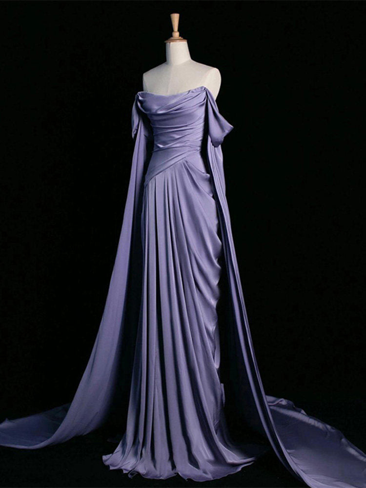 Off The Shoulder Lilac A Line Prom Dress Satin Formal Evening Gown  P790