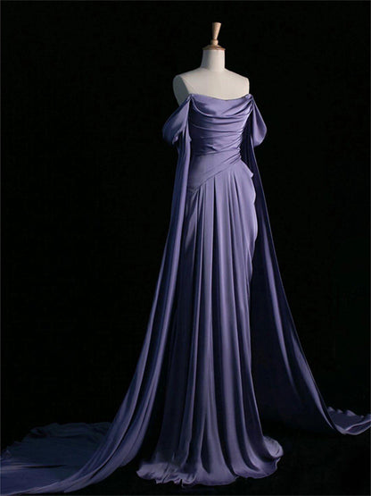 Off The Shoulder Lilac A Line Prom Dress Satin Formal Evening Gown  P790